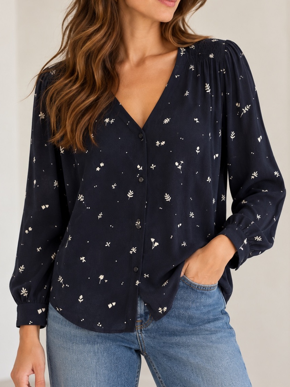 Des Petits Hauts Solange Blouse Navy Floral V Neck Button Down M